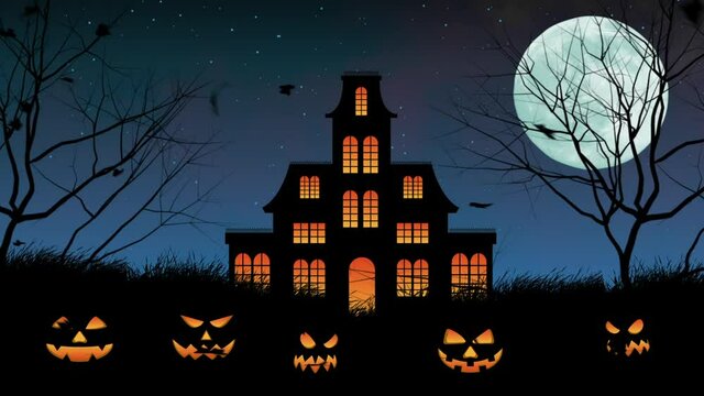Halloween Background HD animation - Dark Blue Night Halloween background with Pumpkins and haunted house and bats flying over the moon