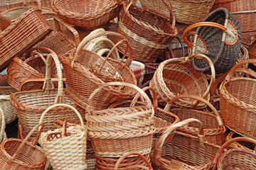 Bunch of various empty wicker wooden baskets