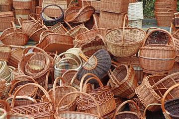 Bunch of various empty wicker wooden baskets