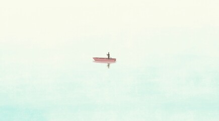 Illustration of a lonely man on a boat. Surreal art of loneliness, alone, solitude concept. Painting of people and nature.