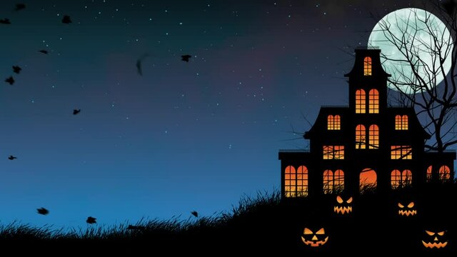 Halloween Background HD animation - Dark Blue Night Halloween background with Pumpkins and haunted house and bats flying over the moon