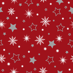 Seamless pattern with stars and snowflakes in red,white and gray colors