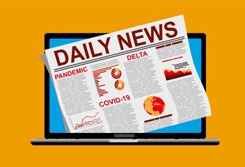 Naklejka na ściany i meble Daily news. Close up of print newspaper in laptop with breaking news about coronavirus and global pandemic Covid-19 Delta. Vector illustration.