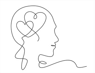 Continuous one line drawing of human head with a hearts. Vector illustration