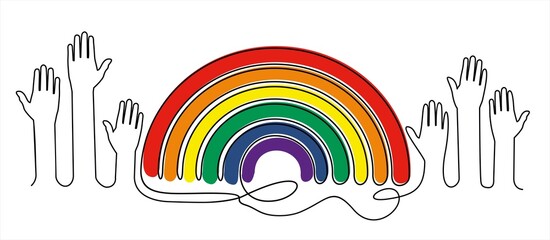 Continuous one line drawing of hands  and rainbow with LGBT  flag color, Vector illustration