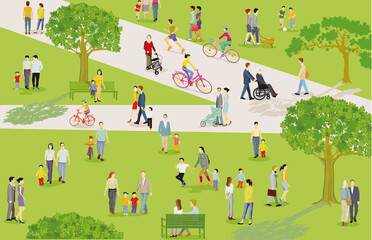 Familien und andere Personen erholen sich in der Freizeit im Stadtpark  illustration