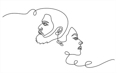 Face Man and woman, one line vector drawing. Portrait minimalistic style.