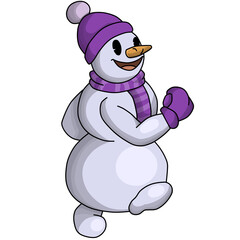 The cartoon character is a cheerful snowman in a purple hat and scarf, the snowman is coming