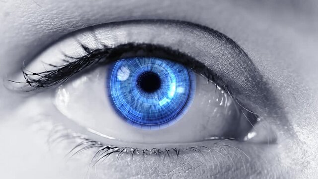 Macro Shot Of Young Female Blue Eye With Hi Tech Futuristic Sophisticated Technology Hud Application With Augmented Reality Holograms. Internet Of Things, Surveillance System.