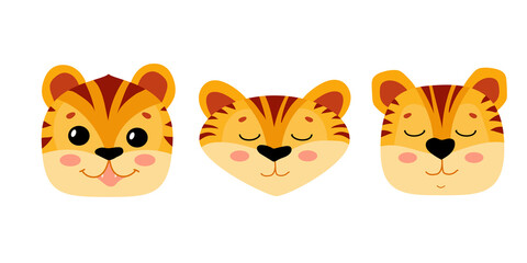 Set Muzzle of a Cute tiger. Symbol of the new year. Year of the tiger. Tabby kitten. Vector illustration isolated on white background.