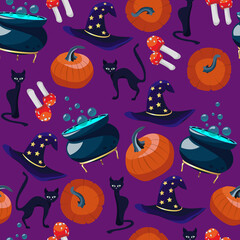Obraz na płótnie Canvas Vector seamless pattern with witch hat, pumpkin, black cat, amanita, bubbling cauldron isolated on purple background.