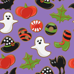 Vector seamless pattern with halloween cookies isolated on purple background. Cartoon ghost, witch hat, black cat, bat, pumpkin, maple leaf, striped witch's stocking, boo.
