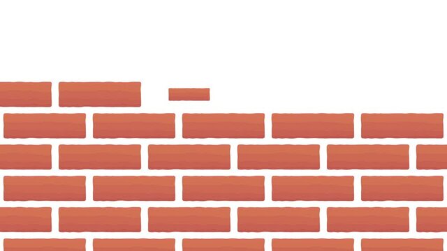 Red old shape bricks wall on white background building spawn up. Motion graphic video animation