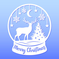 Snow globe with deer,snowflakes,stars,christmas tree. Merry Christmas phrase. Holidays symbols. Paper or laser cut template. Vector illustration. For postcard, window and wall decorations.