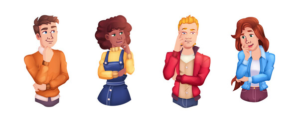 People thinking of something and making decision. Cartoon confused and thoughtful characters full of thoughts, holding hand by chin. Smart men and women solving problem, planning or pondering.