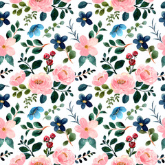 Pink green floral watercolor seamless pattern