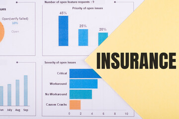The word INSURANCE is written on a yellow background with charts and graphs.