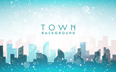 Naklejka premium Winter city skyline landscape, town buildings in different times, and urban cityscape town sky. Daytime cityscape. Architecture silhouette downtown vector background. Flat design for flyers, cards