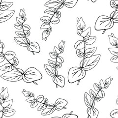 Нand-drawn black and white seamless pattern with eucalyptus branch. Vector illustration for wrapping paper covers, wedding invitations and greeting cards 