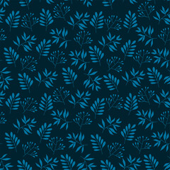 Vector seamless pattern with leaves and branches on a dark background. Simple illustration. Isolated elements. Fabric textile print