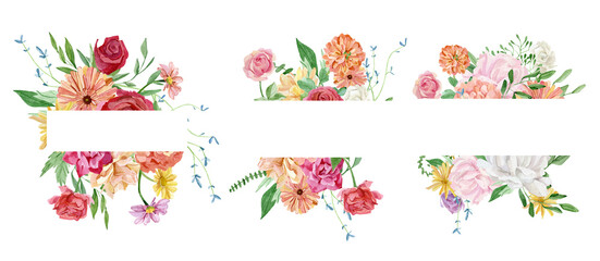 Beautiful floral frame with watercolor wildflower. Flower banner with branches and leaves composition. Botanical illustration for greeting cards, wedding invitation, baby shower