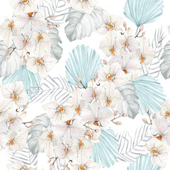 Hand drawn boho seamless pattern watercolor elements of white flowers orchid, tropical blue twigs, branches, foliage, leaves. Botanical background