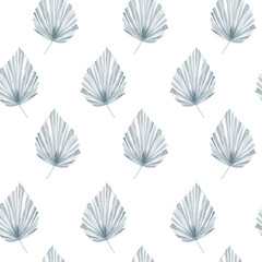 Fototapeta na wymiar Hand drawn boho blue floral seamless pattern watercolor of tropical palm leaves. Beautiful winter botanical background