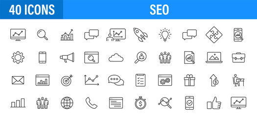 Naklejka premium Set of 24 SEO and Development icons in line style. Contact, Target, Website. Vector illustration