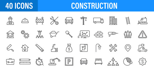 Set of 24 Construction web icons in line style. Building, engineer, business, road, builder, industry Vector illustration