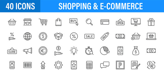 Set of 24 E-commerce and shopping web icons in line style. Mobile Shop, Digital marketing, Bank Card, Gifts. Vector illustration
