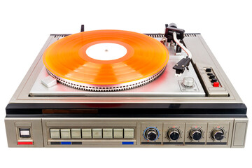 Fototapeta premium Vintage turntable record player with red vinyl