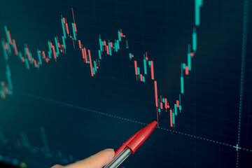 Financial data on a monitor, including Market Analyze. Bar charts, diagrams, Financial Figures. Abstract desktop background of currency graph interface. Investment, trade, stocks and finance