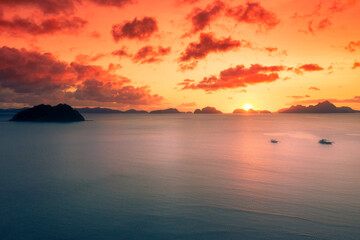 Beautiful sea sunset with boat on El Nido, Palawan, Philippines.