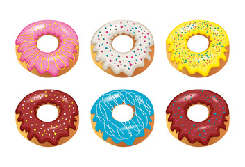 Set of confectionery donuts in sugar glaze. Donuts are drawn in a realistic style in vector. These images are perfect for a cafe menu or decorating a hall in a pastry shop.