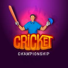 Cricket Championship Concept With Faceless Batsman Player In Winning Pose On Purple Halftone Background.
