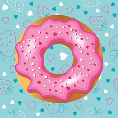 Pink donut and strawberries on a blue background. Decorated with hearts. Donut are drawn in a realistic style in vector. These images are perfect for a cafe menu or decorating a hall in a pastry shop.