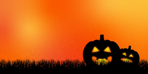 Orange halloween banner with pumpkin spider and cobwebs