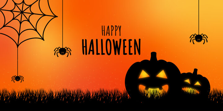Orange halloween banner with pumpkin spider and cobwebs