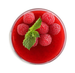 Delicious raspberry jelly with fresh berries and mint isolated on white, top view