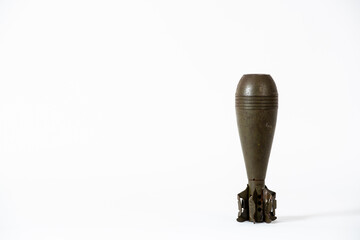 October 2021, Italy, old bomb on white background,