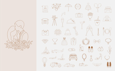 Wedding hand drawn icon, doodle, clipart, line art collection featuring ring, couple, car, camera, dress, cake and more drawings.