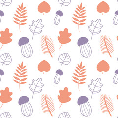 Vector autumn seamless pattern  on a light background. Mushrooms, autumn leaves and branches. Flat and doodle. Orange and grey-blue. Suitable for cards,  invitations, paper and others