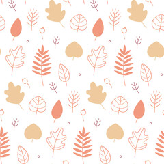 Vector autumn seamless pattern  on a light background. Autumn leaves and branches. Flat and doodle. Suitable for cards,  invitations, paper and others