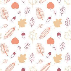 Vector autumn seamless pattern  on a light background. Acorns, cones, autumn leaves and branches. Flat and doodle. Suitable for cards,  invitations, paper and others