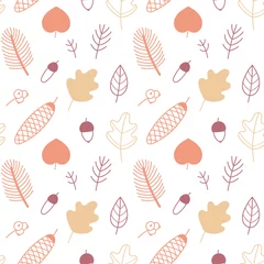 Fotobehang Vector autumn seamless pattern  on a light background. Acorns, cones, autumn leaves and branches. Flat and doodle. Suitable for cards,  invitations, paper and others © Yanina