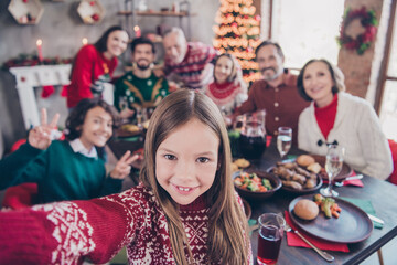 Fototapeta na wymiar Self-portrait of attractive big full cheerful family meeting homemade lunch party showing v-sign at home indoors