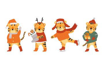 Set of cute tigers characters. The symbol of 2022. Christmas. Flat style. Isolated on a white background. Vector illustration.