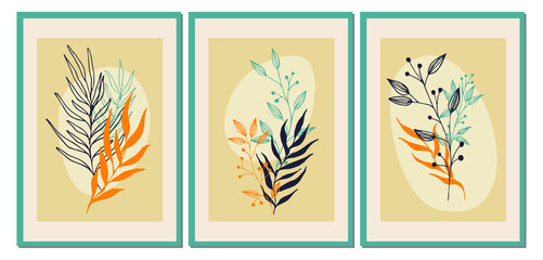Fototapeta na wymiar Gallery wall art set of 3 printable minimalist print. Abstract geometric leaves. Wall art for bedroom, living room and office decor. Hand draw vector design elements.