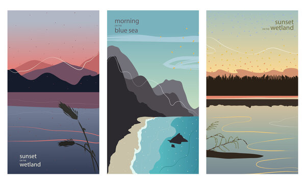 Landscapes postcards with sunset in the lake, morning at the blue sea and sunrise on the wetland. Set of colorful vertical backgrounds. Hand drawn, textured and vectorized in flat style. 