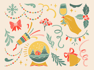Vintage linocut Christmas set of elements. Colorful floral ornaments. Hand with a glass of champagne. Christmas decorations, garlands, snow, ball, bell, cracker, ribbons. Retro New year collection.